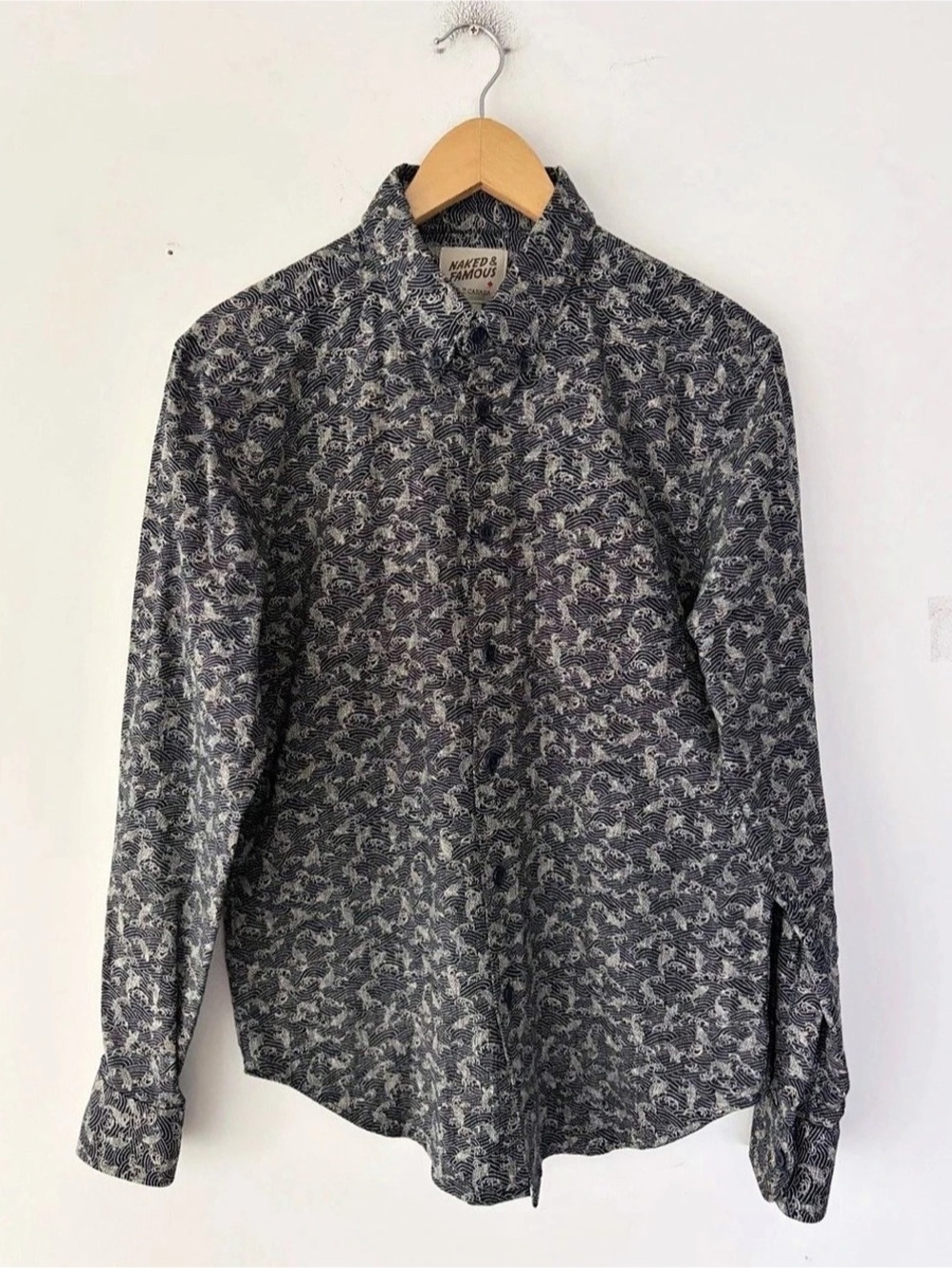 Naked & Famous Koi Fish Long Sleeve Button Up Shirt Size M